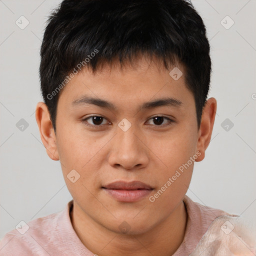 Neutral asian young-adult male with short  brown hair and brown eyes