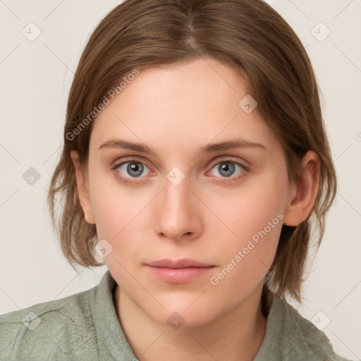 Neutral white young-adult female with medium  brown hair and grey eyes