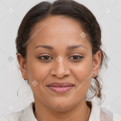 Joyful latino young-adult female with medium  brown hair and brown eyes