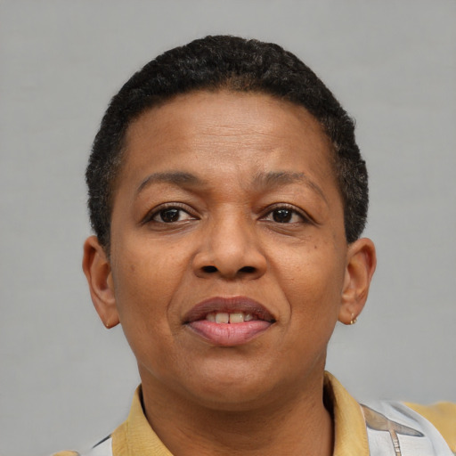 Joyful latino adult female with short  brown hair and brown eyes