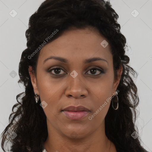Neutral black young-adult female with long  brown hair and brown eyes