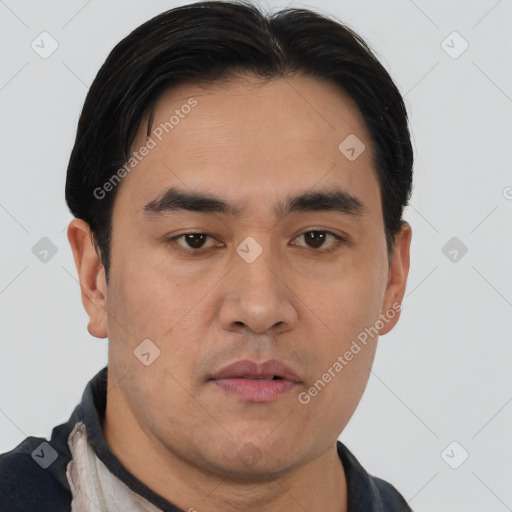Neutral asian young-adult male with short  black hair and brown eyes