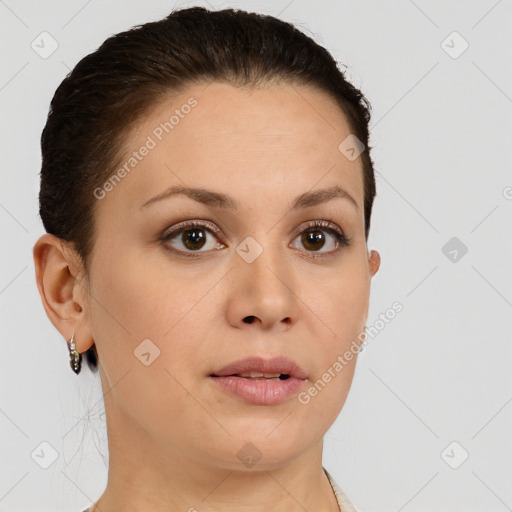 Neutral white young-adult female with short  brown hair and brown eyes