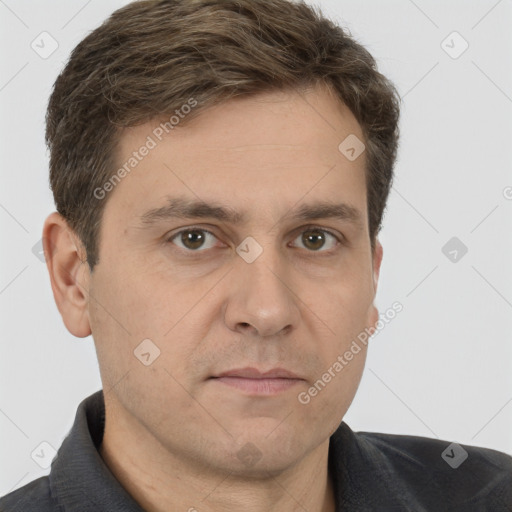 Neutral white adult male with short  brown hair and brown eyes