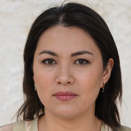 Neutral white young-adult female with medium  brown hair and brown eyes