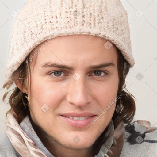 Joyful white young-adult female with medium  brown hair and blue eyes