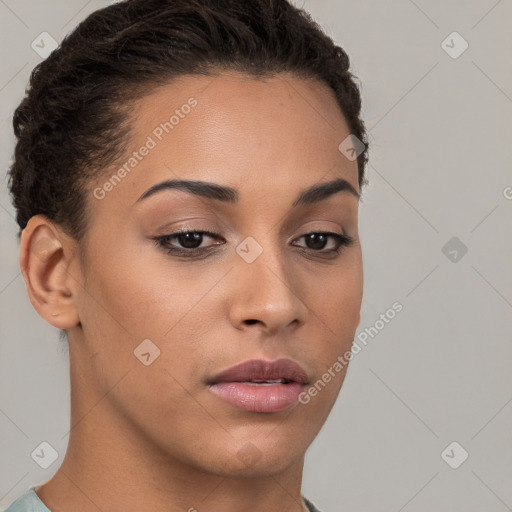 Neutral white young-adult female with short  brown hair and brown eyes