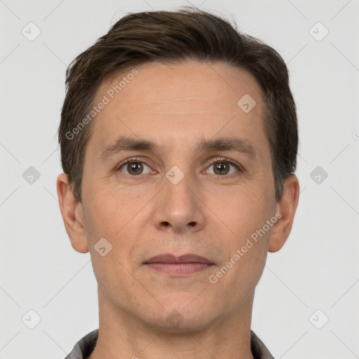 Neutral white adult male with short  brown hair and brown eyes