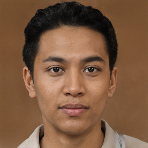 Joyful asian young-adult male with short  black hair and brown eyes