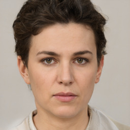 Neutral white young-adult female with short  brown hair and brown eyes