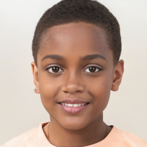 Joyful black child female with short  brown hair and brown eyes