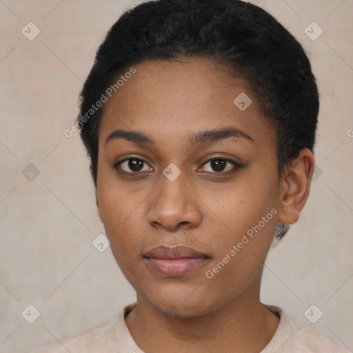 Neutral black young-adult female with short  black hair and brown eyes