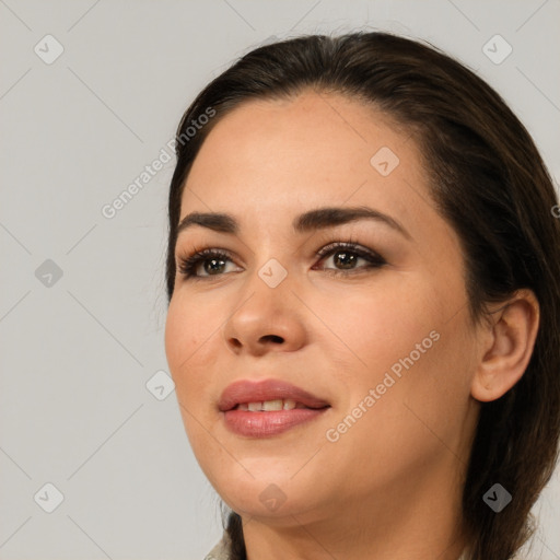 Joyful white young-adult female with medium  brown hair and brown eyes