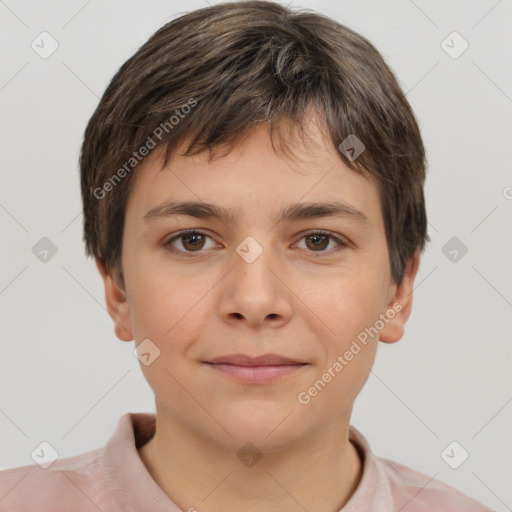 Joyful white child male with short  brown hair and brown eyes