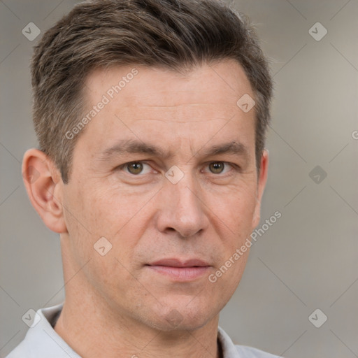 Neutral white adult male with short  brown hair and brown eyes