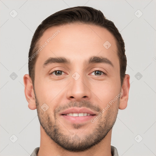 Joyful white young-adult male with short  brown hair and brown eyes