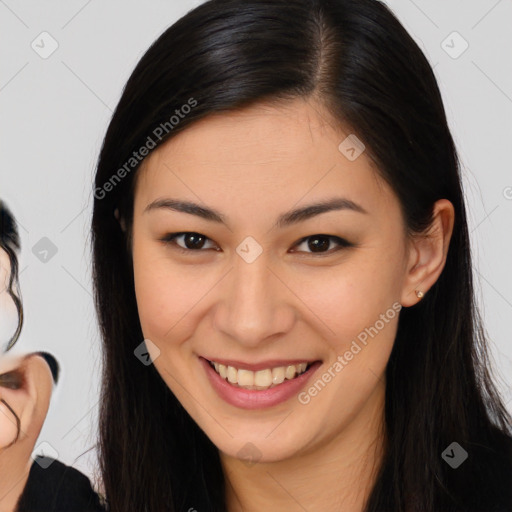 Joyful white young-adult female with long  brown hair and brown eyes