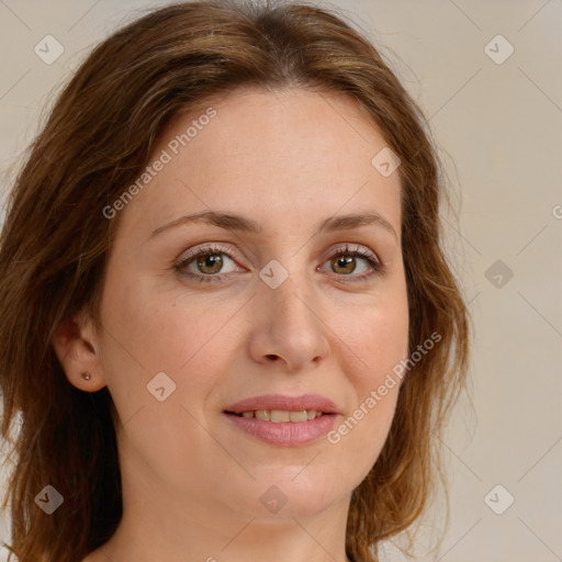 Joyful white young-adult female with medium  brown hair and green eyes