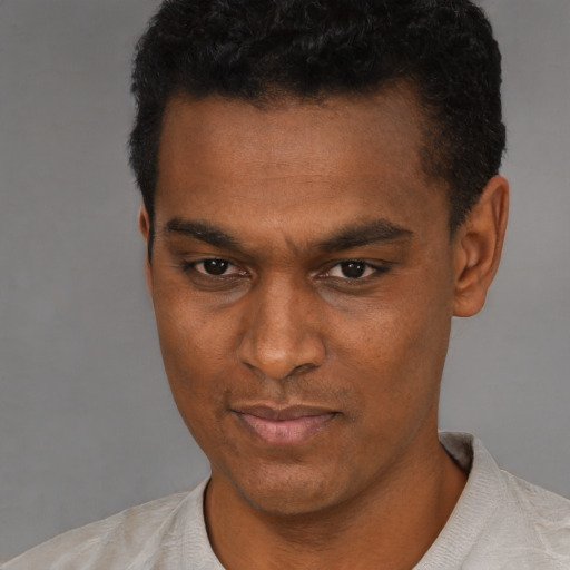 Neutral black young-adult male with short  black hair and brown eyes