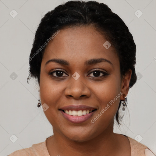 Joyful latino young-adult female with short  black hair and brown eyes