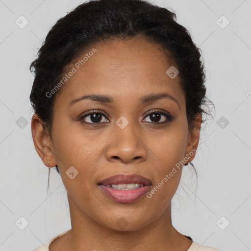 Joyful latino young-adult female with short  brown hair and brown eyes