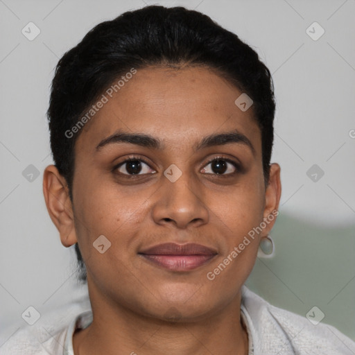 Joyful latino young-adult female with short  brown hair and brown eyes