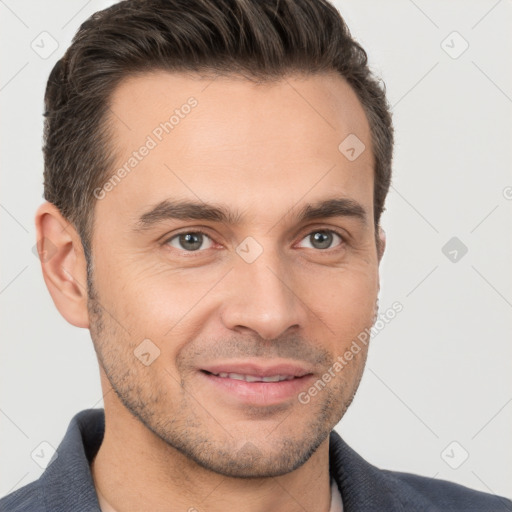 Joyful white young-adult male with short  brown hair and brown eyes