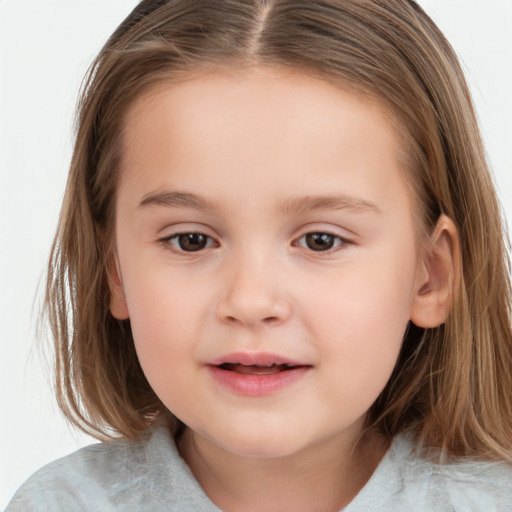 Joyful white child female with medium  brown hair and brown eyes