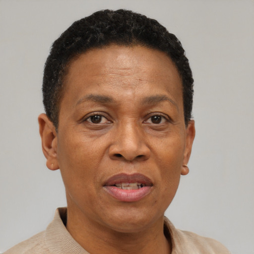 Joyful black adult female with short  brown hair and brown eyes