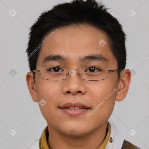 Joyful asian young-adult male with short  brown hair and brown eyes