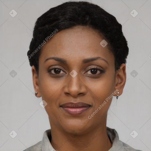 Joyful latino young-adult female with short  black hair and brown eyes