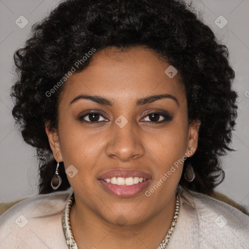 Joyful black young-adult female with long  brown hair and brown eyes