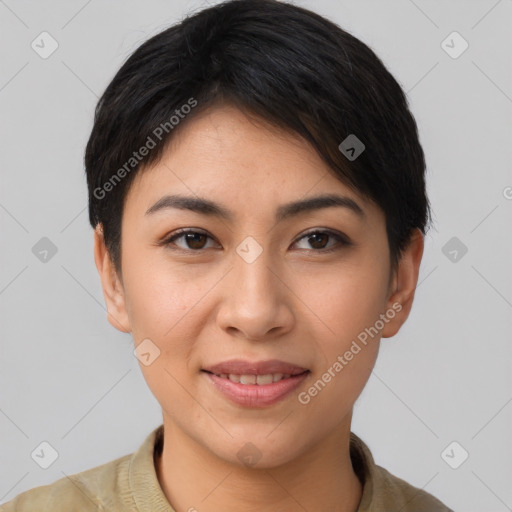 Joyful asian young-adult female with short  brown hair and brown eyes