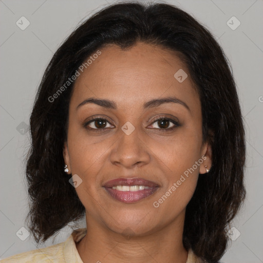 Joyful latino young-adult female with medium  brown hair and brown eyes