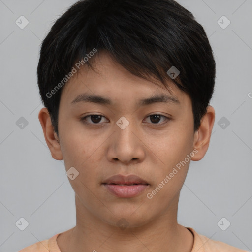 Neutral asian young-adult male with short  brown hair and brown eyes