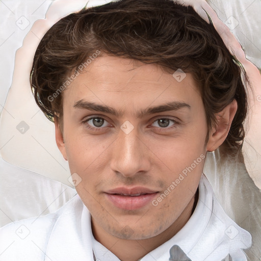 Joyful white young-adult male with medium  brown hair and brown eyes