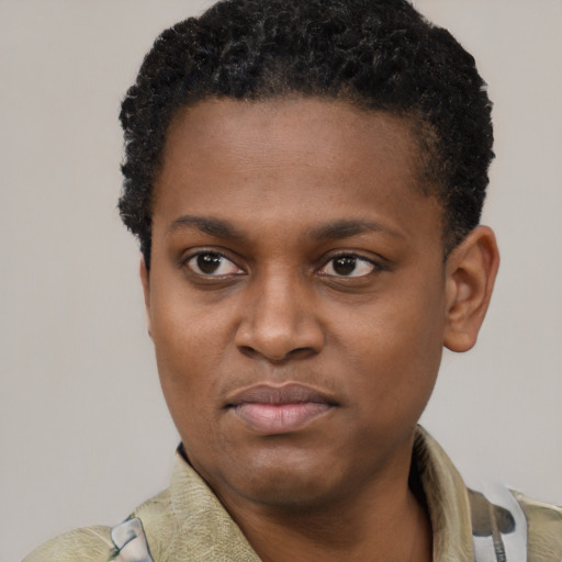 Joyful black young-adult male with short  brown hair and brown eyes