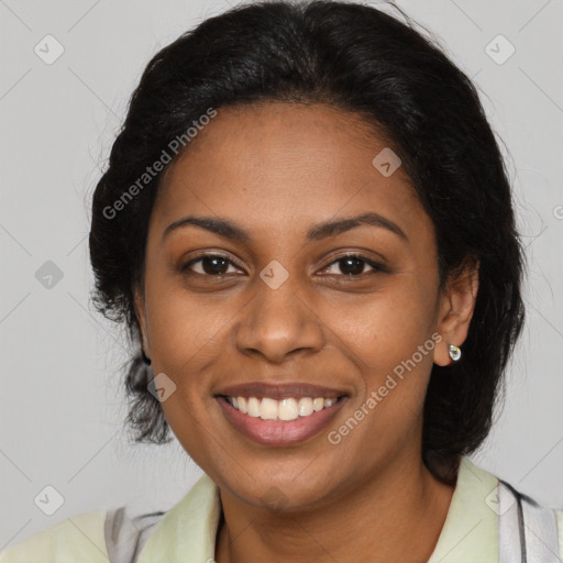 Joyful black young-adult female with medium  brown hair and brown eyes