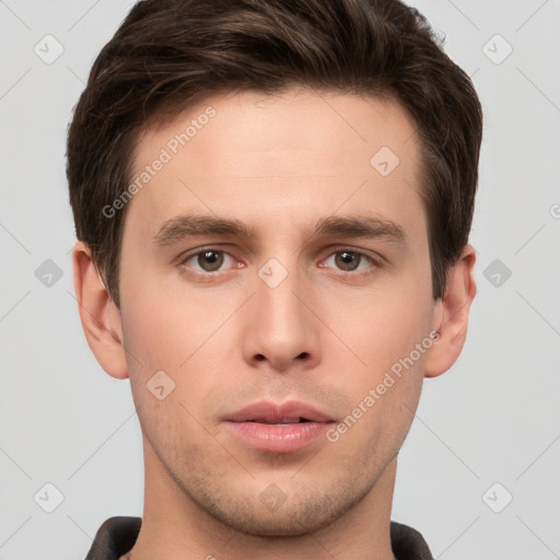 Neutral white young-adult male with short  brown hair and brown eyes