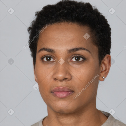 Neutral black young-adult female with short  black hair and brown eyes