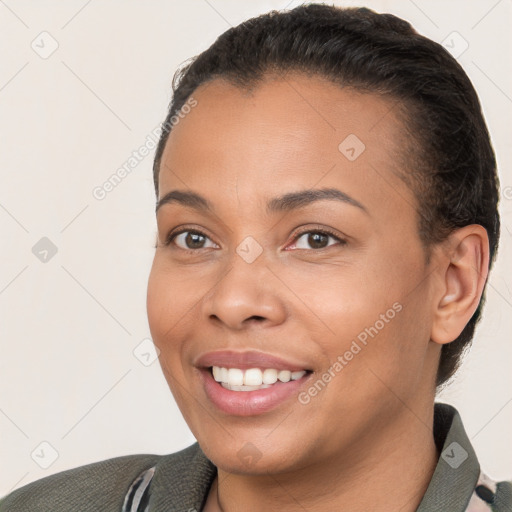 Joyful white young-adult female with short  brown hair and brown eyes