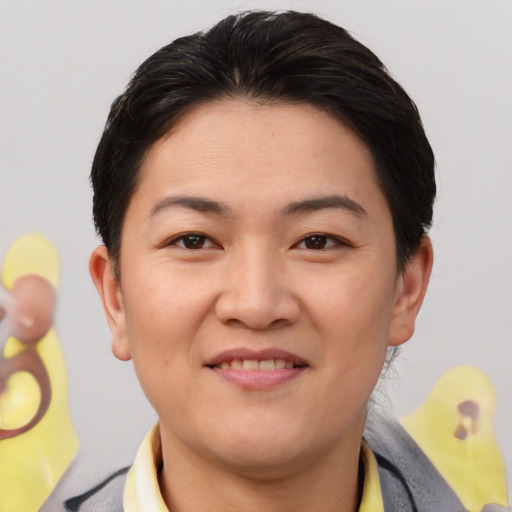 Joyful asian young-adult female with short  brown hair and brown eyes