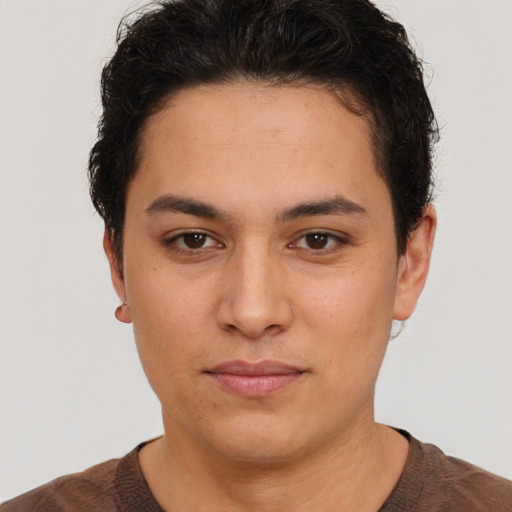 Neutral white young-adult female with short  brown hair and brown eyes