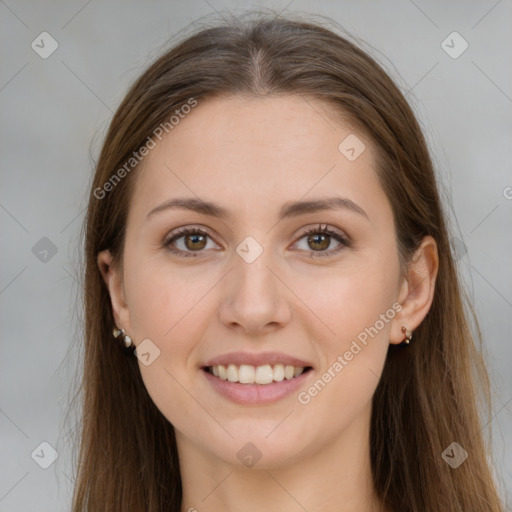 Joyful white young-adult female with long  brown hair and grey eyes