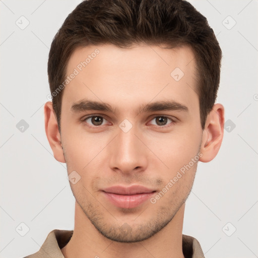 Neutral white young-adult male with short  brown hair and brown eyes