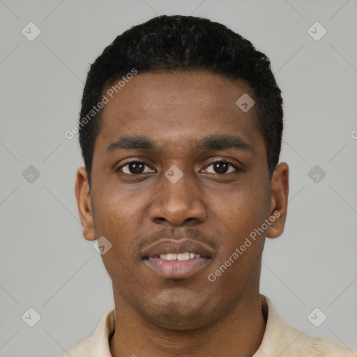 Neutral black young-adult male with short  black hair and brown eyes