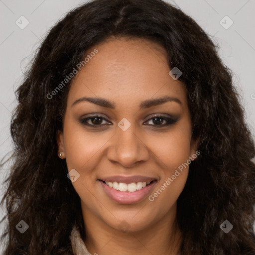 Joyful latino young-adult female with long  brown hair and brown eyes