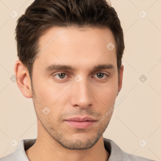 Neutral white young-adult male with short  brown hair and brown eyes