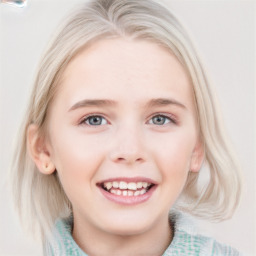 Joyful white child female with medium  brown hair and blue eyes