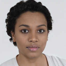 Neutral black young-adult female with short  black hair and brown eyes